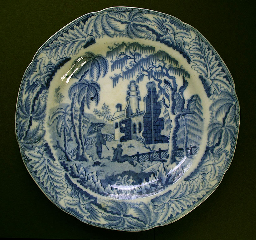 Early Davenport Chinoiserie Ruins pattern blue and white pearlware plate c.1800