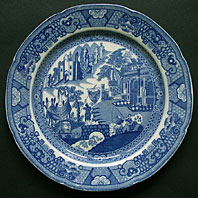 antique pottery image - ENGLISH PEARLWARE POTTERY FISHERMAN AND CASTLE PATTERN TRANSFERWARE BLUE AND WHITE PLATE C.1800-1810