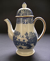 antique pottery image - ENGLISH BLUE AND WHITE PEARLWARE LEEDS POTTERY OR STAFFORDSHIRE COFFEE POT LONG BRIDGE PATTERN C.1785-1810