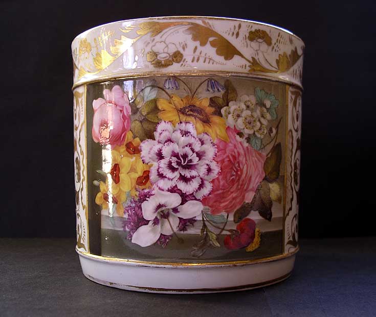 Antique English porcelain Derby flowers porter mug front view decoration