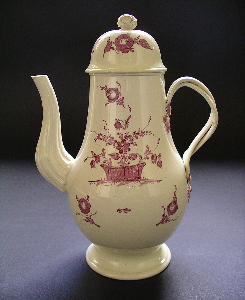 Antique pottery: A rare Derby Melbourne pottery creamware coffee pot and cover with superb characteristic puple monochrome decoration C.1770 right view