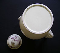 Antique pottery: A rare Derby Melbourne pottery creamware coffee pot and cover with superb characteristic puple monochrome decoration C.1770 base view thumbnail link