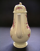 Antique pottery: A rare Derby Melbourne pottery creamware coffee pot and cover with superb characteristic puple monochrome decoration C.1770 front view thumbnail link