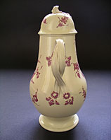Antique pottery: A rare Derby Melbourne pottery creamware coffee pot and cover with superb characteristic puple monochrome decoration C.1770 handle view thumbnail link