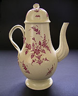 Antique pottery: A rare Derby Melbourne pottery creamware coffee pot and cover with superb characteristic puple monochrome decoration C.1770 left view thumbnail link