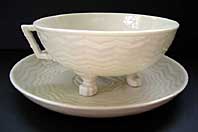 Belleek pottery archive image - RARE BELLEEK IRISH PORCELAIN FIRST BLACK MARK CHINESE PATTERN FOOTED TEA CUP AND SAUCER C.1863-1890